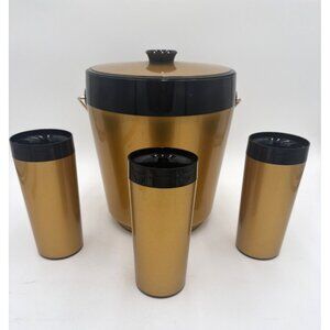 West Bend Thermo Serv Insulated Ice Bucket W/ Lid & 3 Tumblers 70's Barware